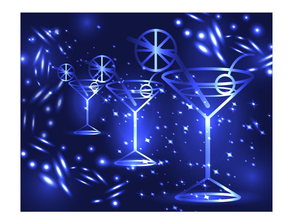 Three glasses of cocktail on a blue background with stars and lights, disco, club, neon glow