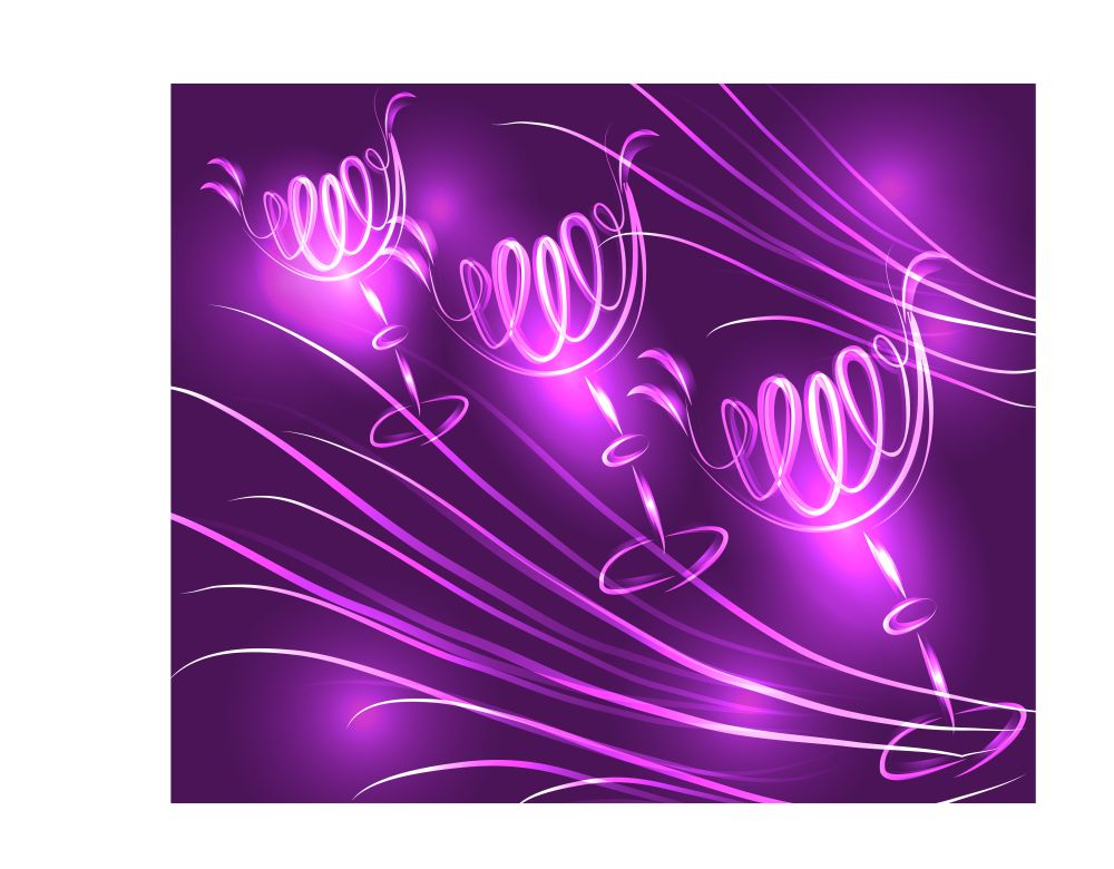 Three glasses of cocktail on a lilac background with lights, disco, club, neon glow. Three glasses of cocktail on a lilac background with stars and lights, disco, club, neon glow