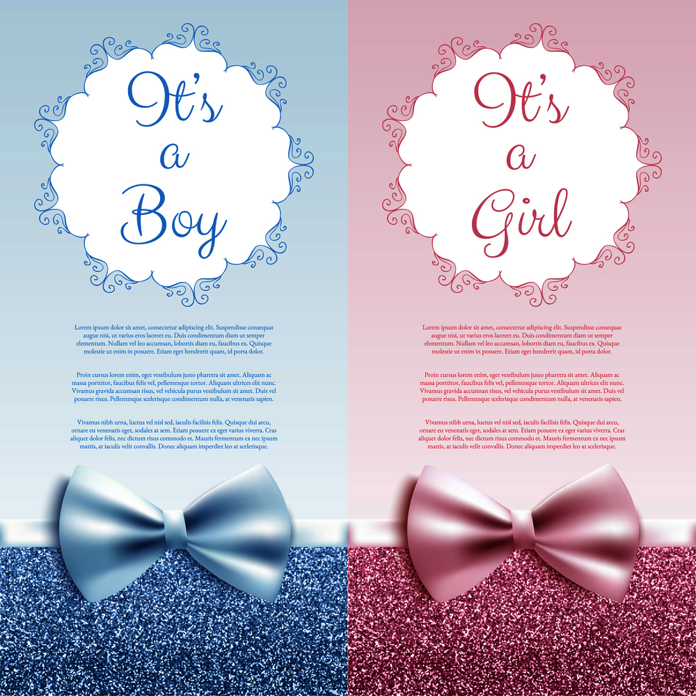 It&rsquo;s a boy/girl baby shower cute card invitation with blue and pink bow, vector illustration