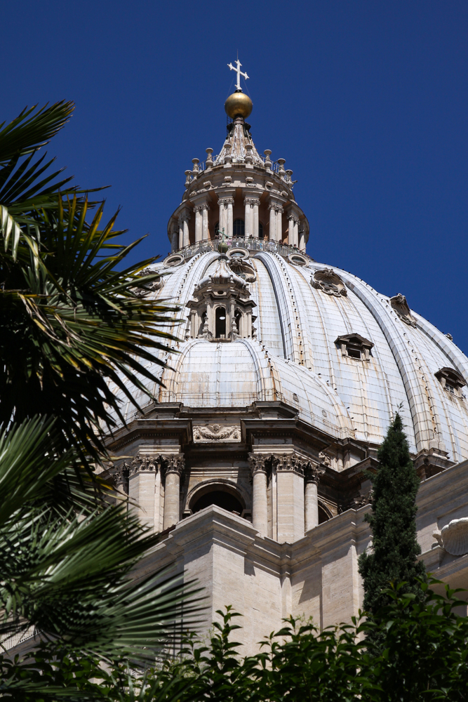 Palm leaves decorate view of dome of St. Peter&rsquo;s Basilica in Rome
