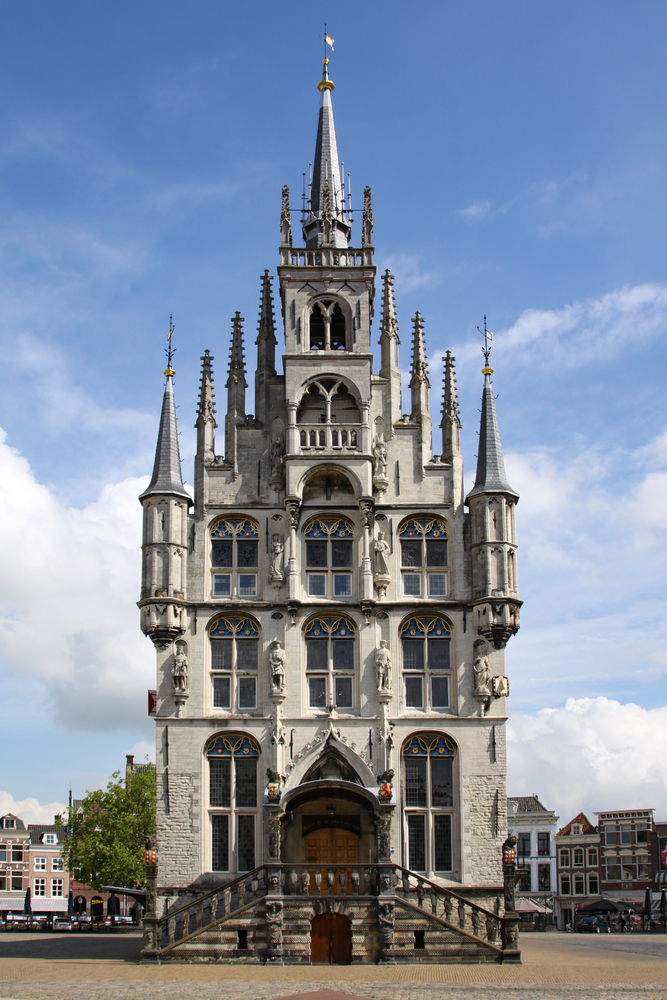 Town house of the city Gouda with pointed gothic towers