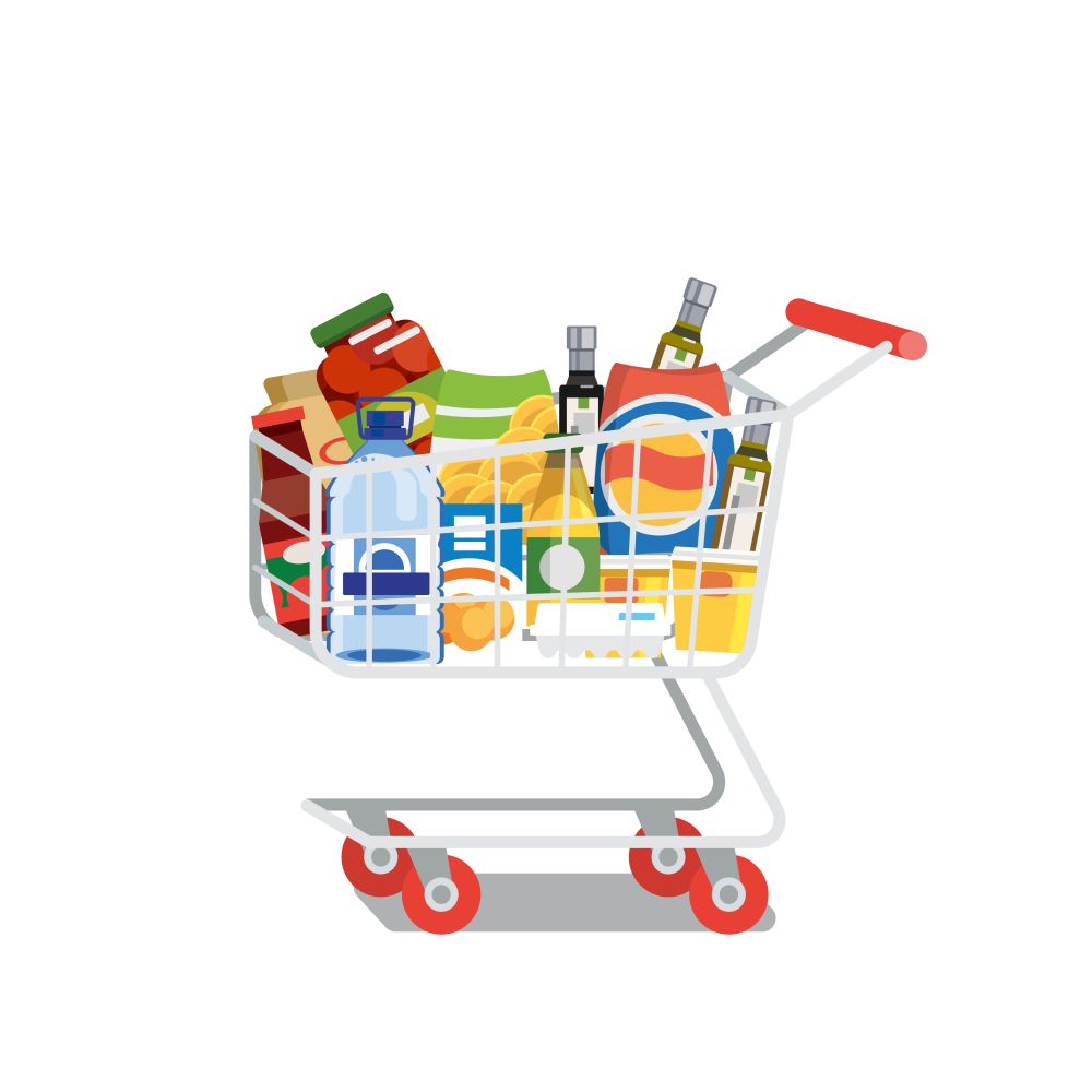 Supermarket Cart or Trolley Full of Food Products and Drinks Flat Vector Illustration Isolated on White Background. Modern Grocery Store, Food Shop or Supermarket Goods Assortment. Shopping Concept