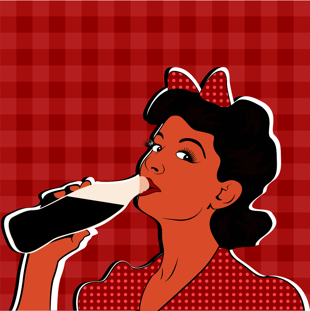 Pin up girl drinking soda pop art retro style.