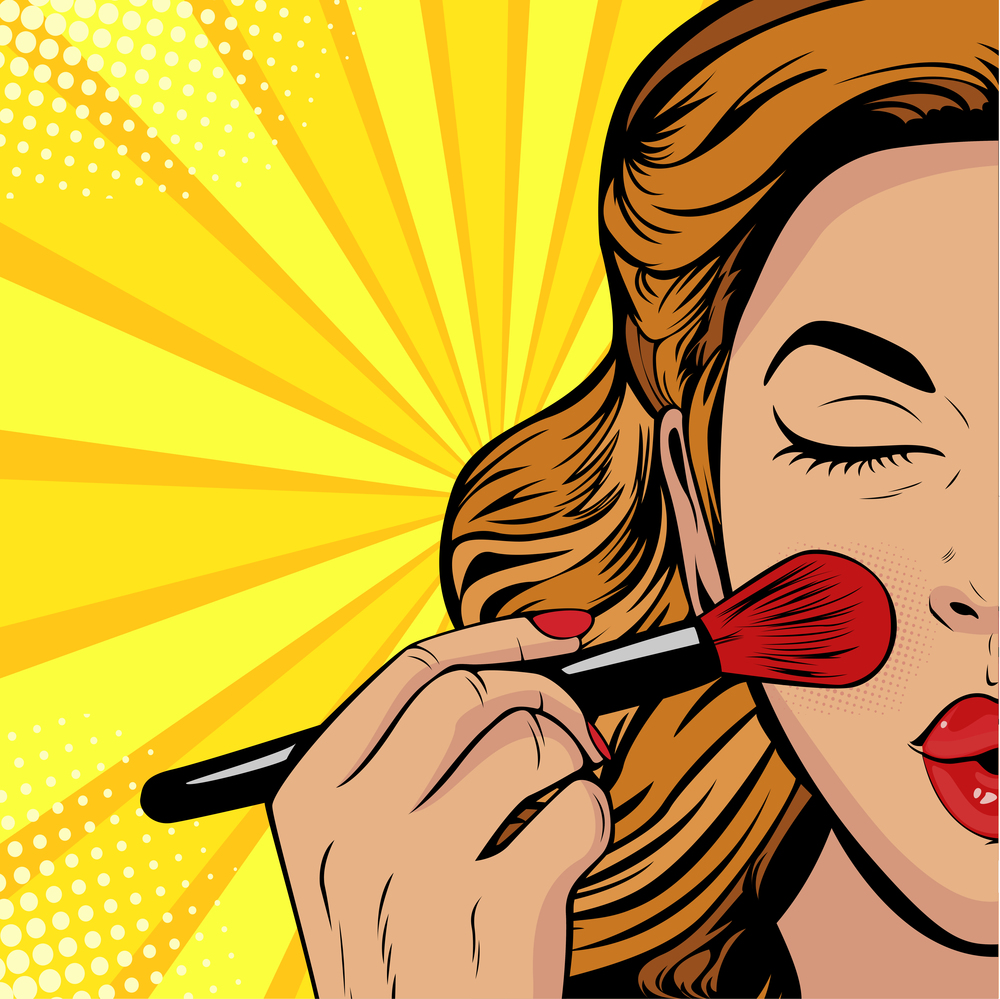 The beauty of the face. Make-up, woman brush causes the tone to the face. Vector Illustration in pop art retro comic style.