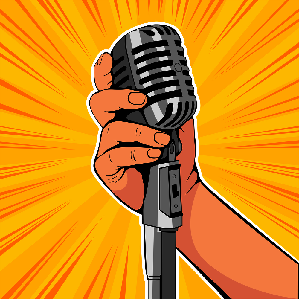 Hand hold microphone cartoon vector illustration. Retro poster comimc book performance. Entertainment halftone background.