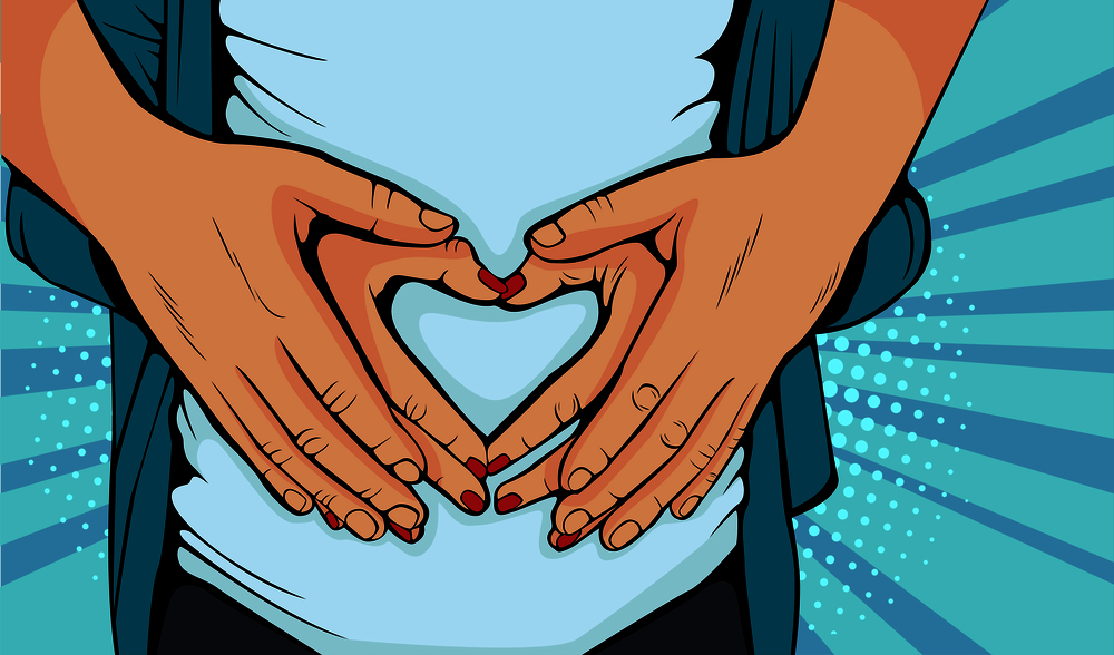 Man holding belly of his pregnant wife making heart. Pregnant woman and loving husband hugging tummy. Vector illustration in pop art retro comic style