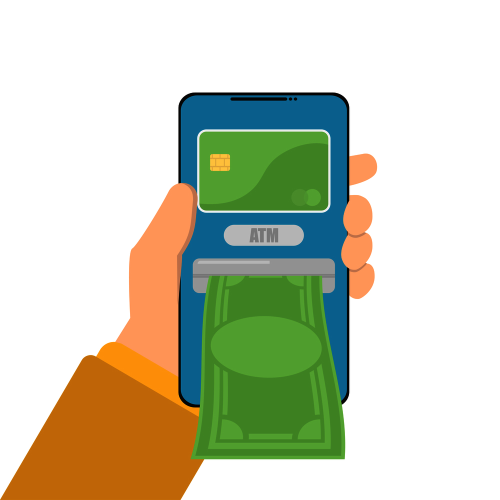 ATM in phone virtual bank money in flat style. ATM in phone virtual bank money in flat