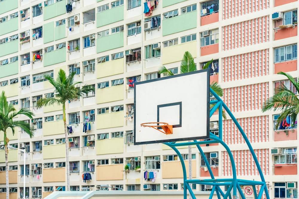 HONG KONG , CHINA - MARCH 17, 2019: Colorful Basketball Court in Choi Hung oldest public housing estates in Hong Kong