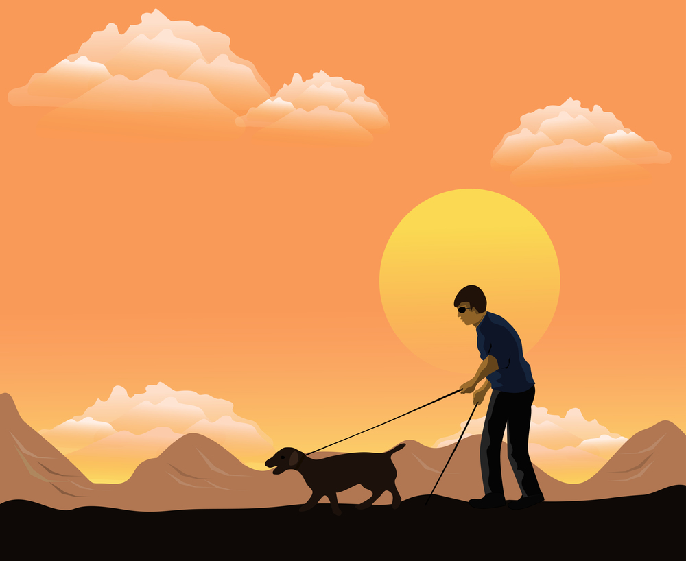 The blind man in his hand had a guide rod, with a walking dog in front.There are mountains and sunsets in the background.