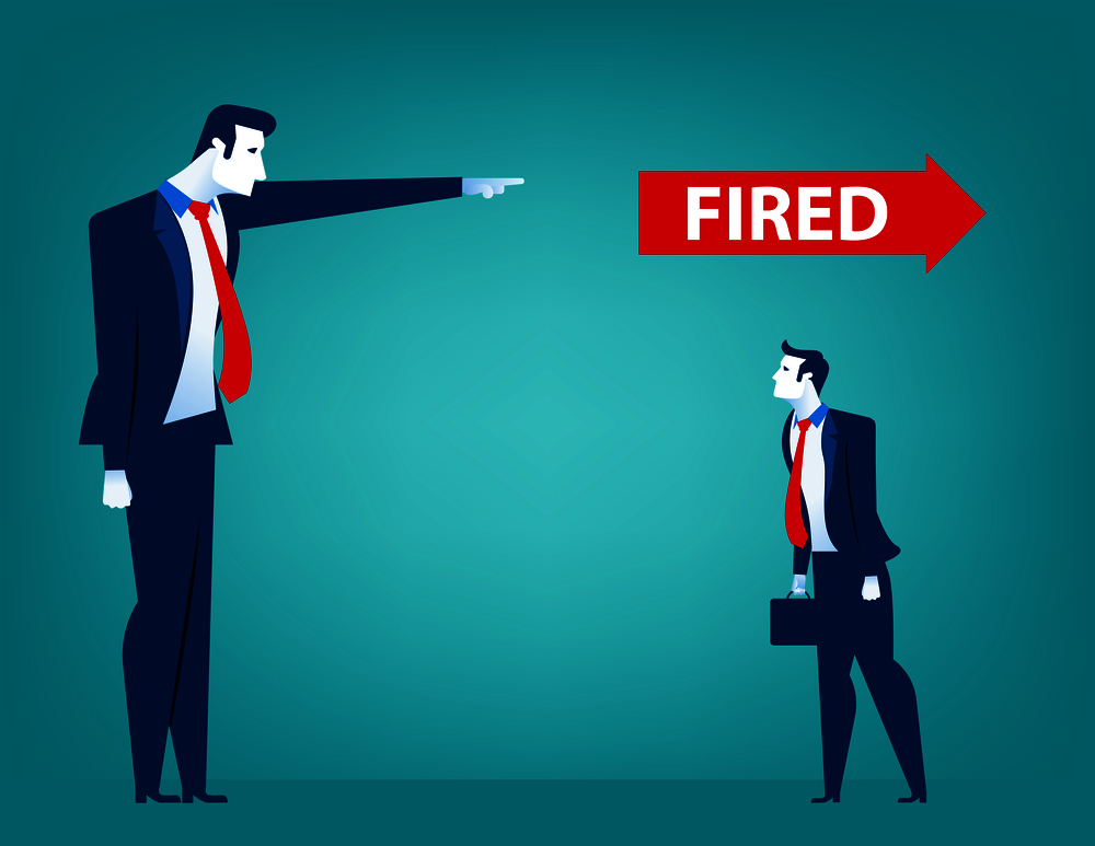 Manager pointing fired at businessman. Losing a job. Unemployed people. Concept business illustration. Vector flat