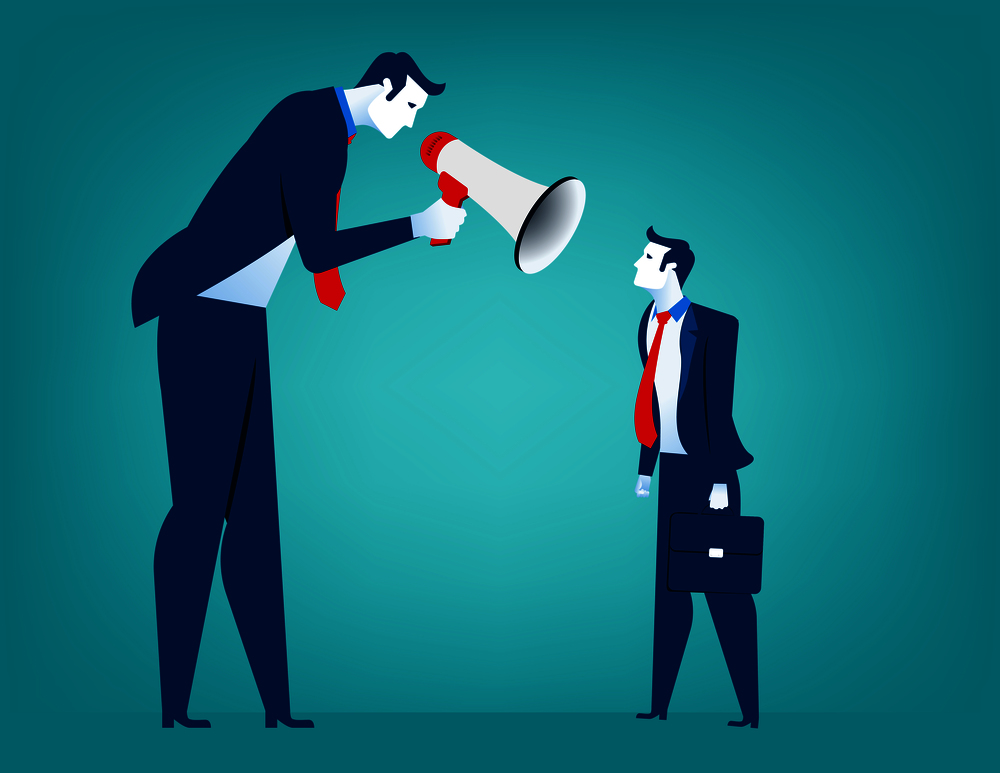 Manager screaming in megaphone on  man colleague. Reproach with businessman. Concept business illustration. Vector flat