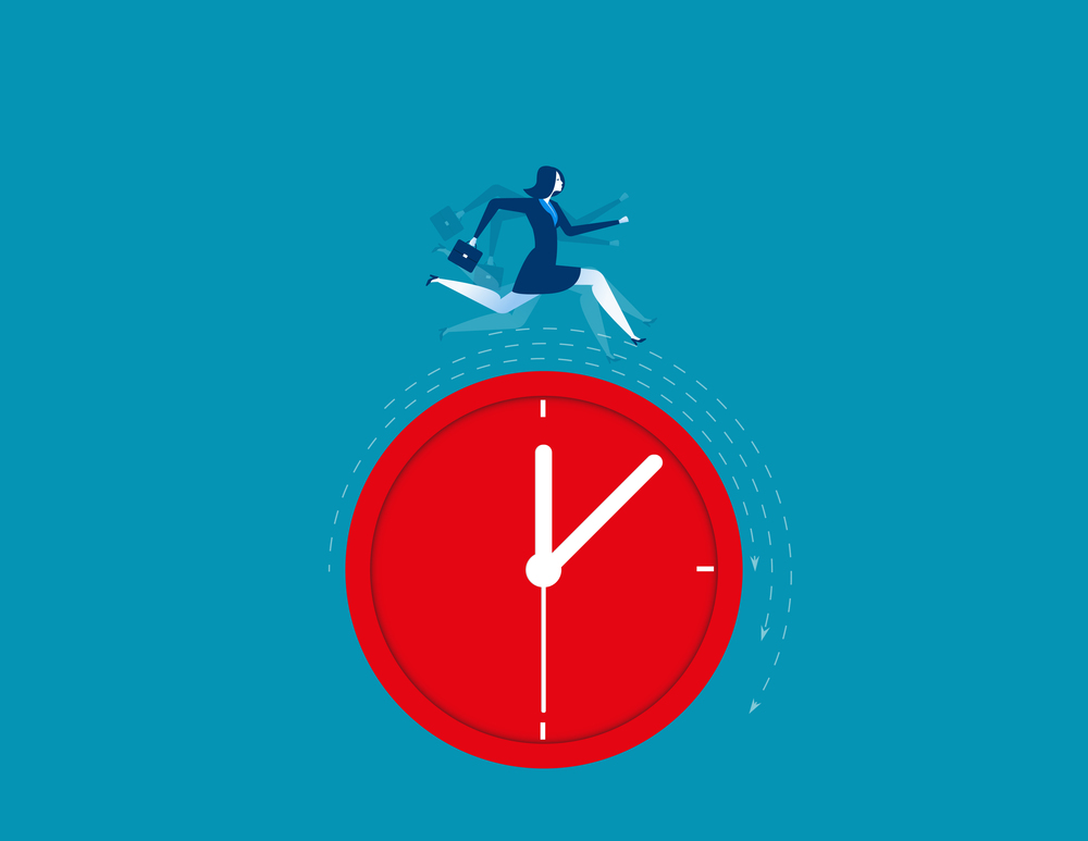 Businesswoman running on clock representing deadline. Concept business illustration