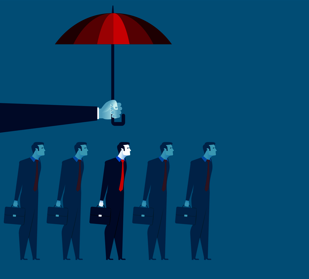 Hand holding umbrella above businessman. Concept business illustration. Vector flat