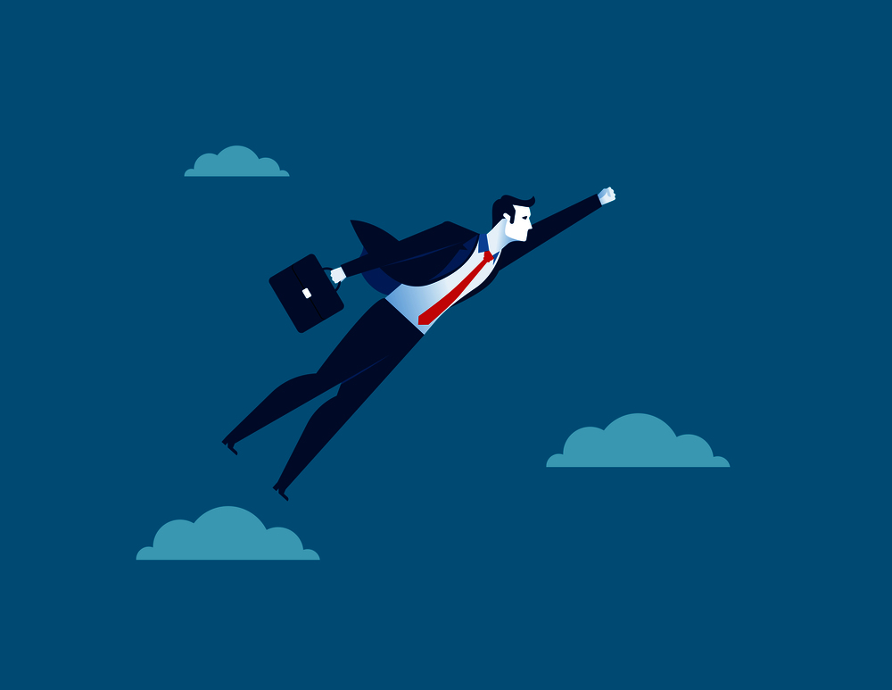 Business man character flying through sky. Concept business illustration. Vector flat for website