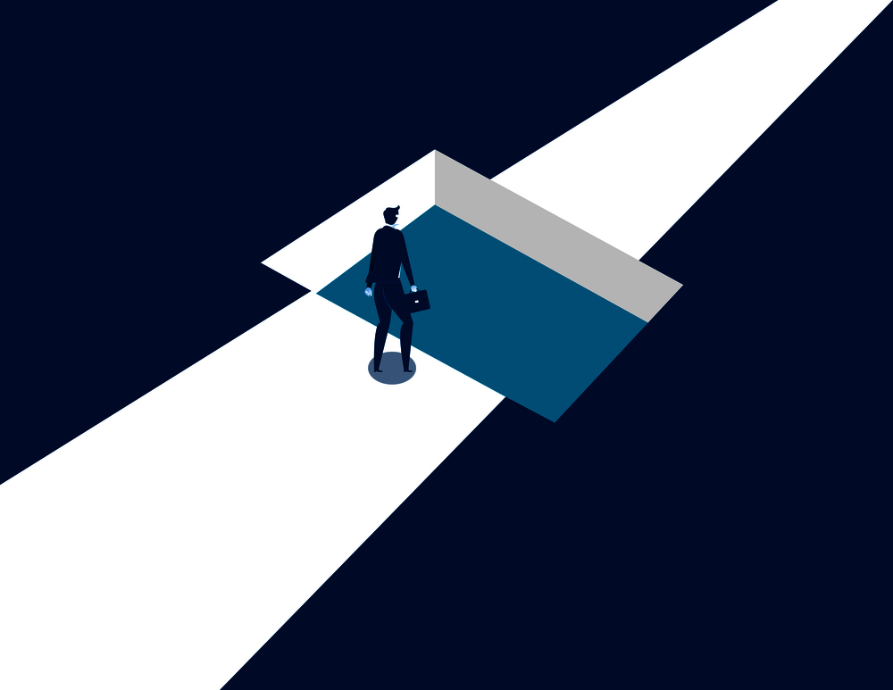 Businessman standing by shaped hole in road. Concept business illustration. Vector business abstract.. Businessman standing by shaped hole in road. Concept business illustration. Vector business abstract.
