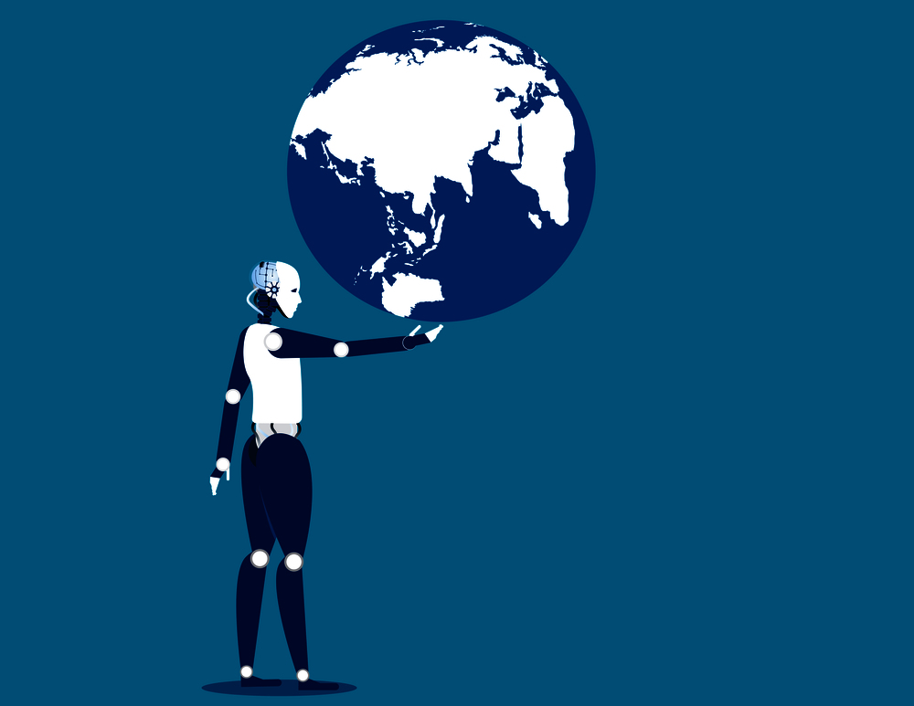 A robot holding globe. Concept business automation illustration. Vector robot flat.
