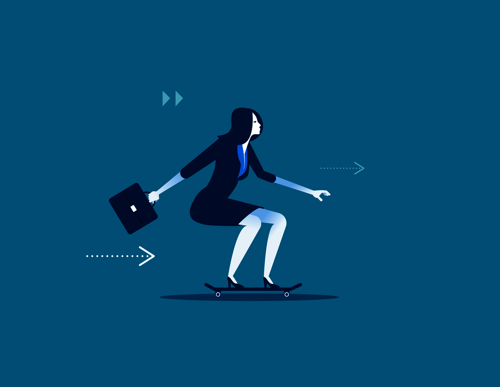 Enjoy speed. Businesswoman on skateboard. Concept business illustration.