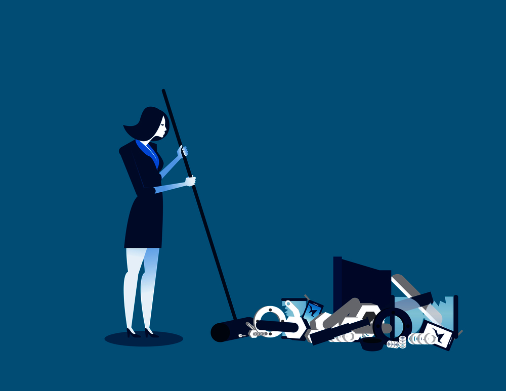 Businesswoman sweeping away old technology. Concept technology business illustration. Vector innovation of technology