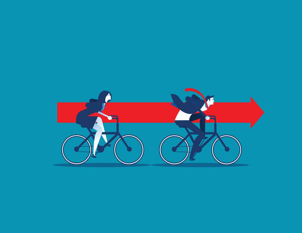 Business team riding bikes and carrying red arrow. concept business vector.