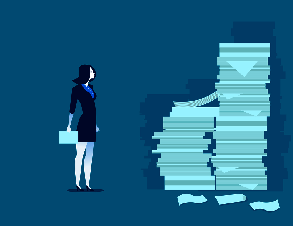 Busy businesswoman. Man and pile of documents. Concept business vector.