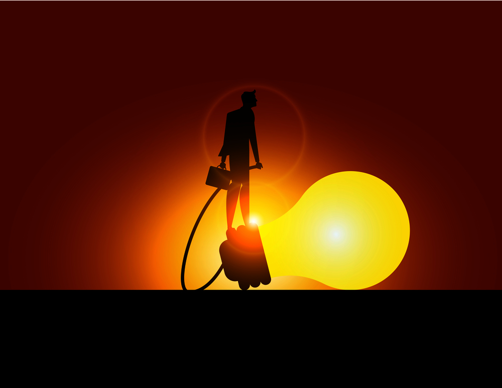 Businessman standing on bulb. Concept business idea vector illustration.