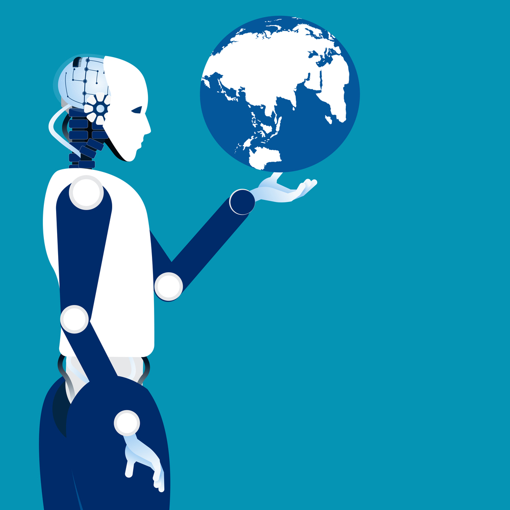 Globalization era. Globe in the robotic hand. Concept robot and automation vector illustration.