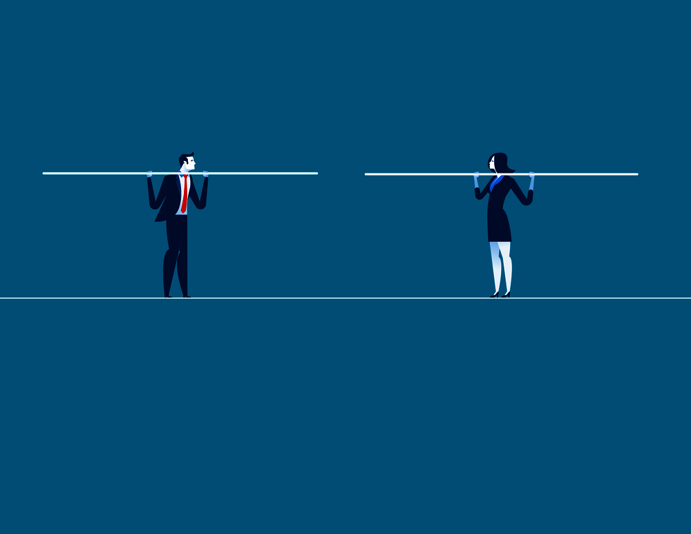 Two businessmen converge on tightrope. Concept business vector illustration.