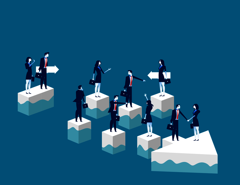 Character business team standing over cube pieces. Concept business vector illustration.