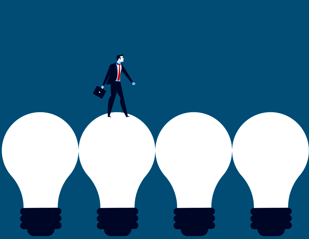 Businessman walking on light bulb. Concept business vector illustration.