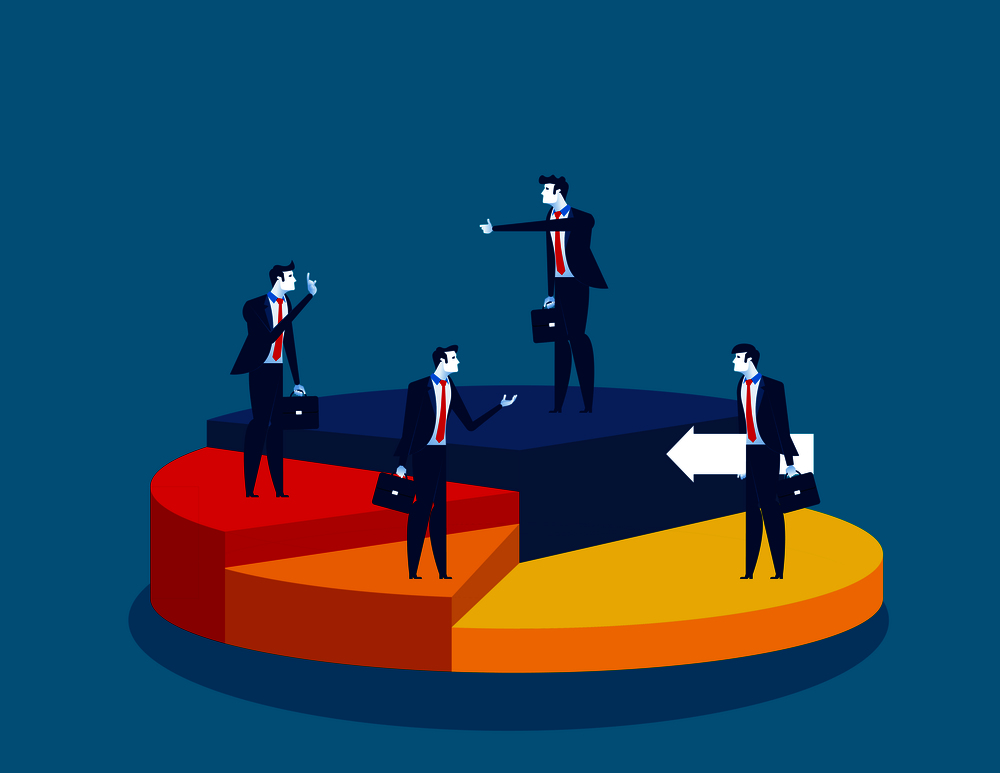 Business people standing of different directions on a pie chart. Concept business vector illustration.