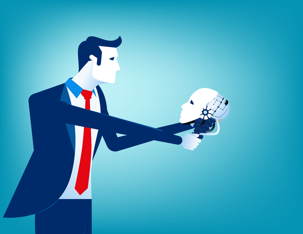 Businessman looking at robot skull in hand. Concept technology vector illustration.