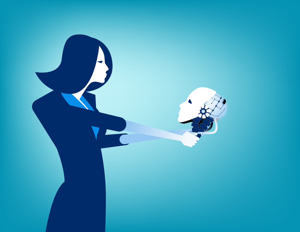 Businesswoman looking at robot skull in hand. Concept technology vector illustration.