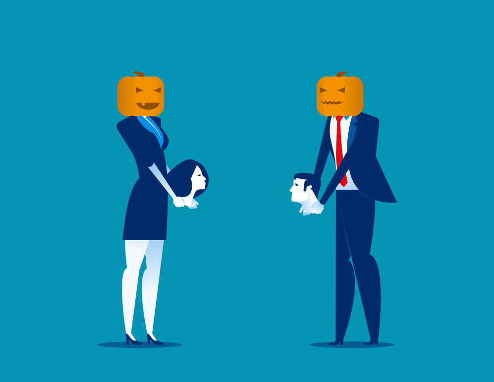 Halloween. Business people and pumpkinhead, holding head. Concept business vector illustration.