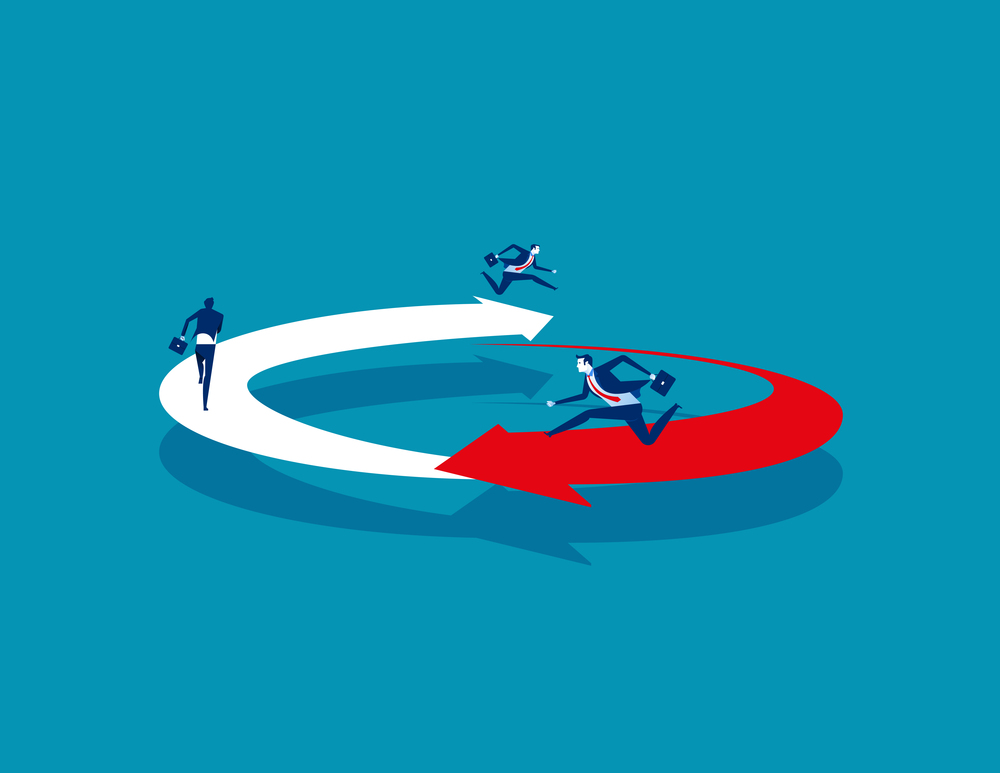Business people running on circled arrow. Concept business vector illustration.