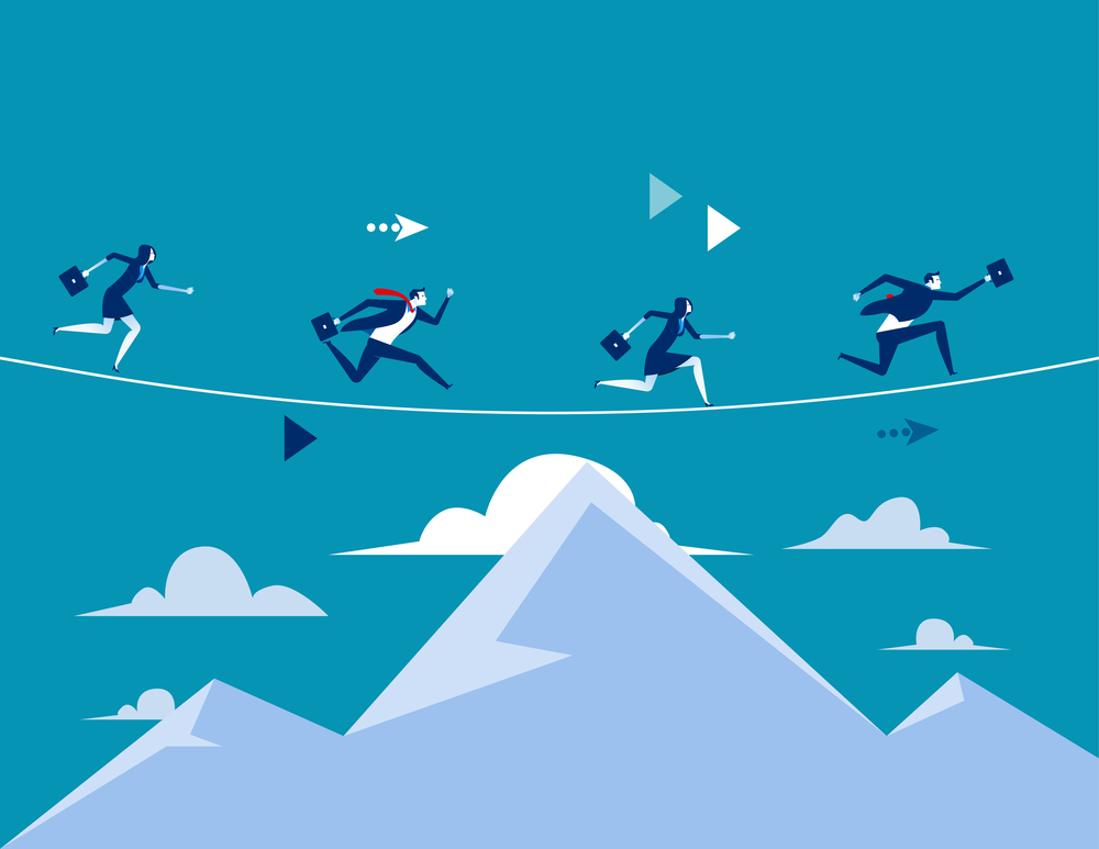 Business people running over the mountain. Concept business vector illustration. Flat style design.
