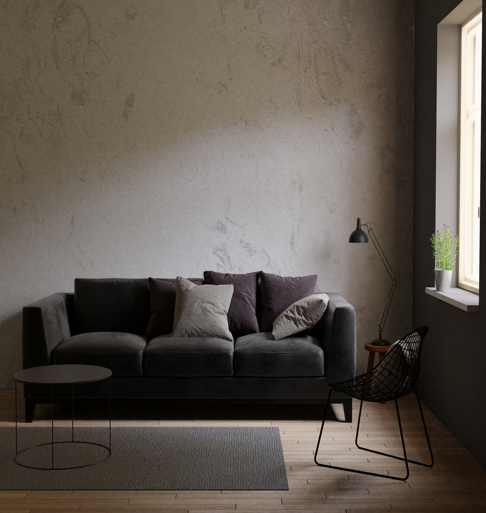 Gray sofa in a dark room the bright light from eternal light, carpet,black table,chair,pillow Interior loft with concrete walls ,3d rendering