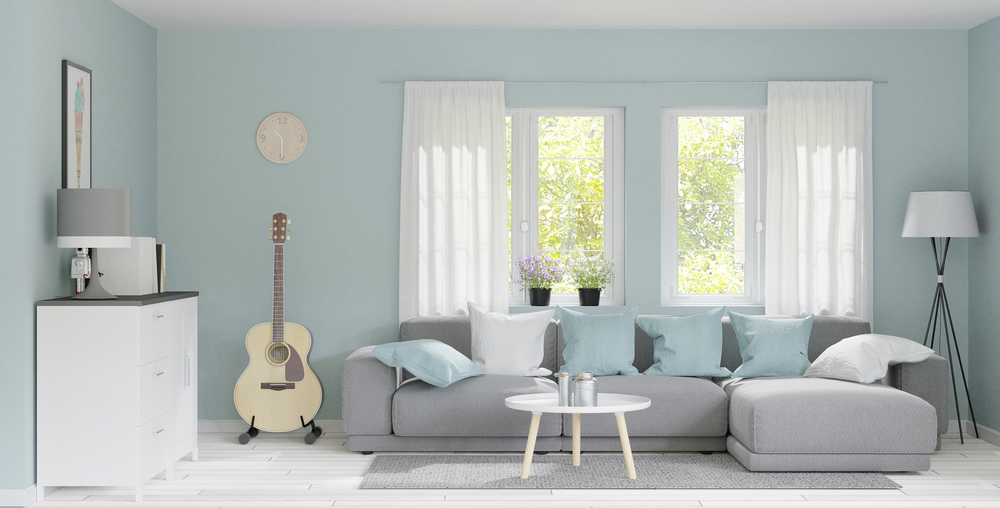 3d rendering modern big living room with wooden floor ,pastel green wall