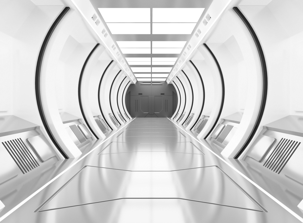 3D rendering elements of this image furnished ,Spaceship white and delight interior with view,tunnel,corridor