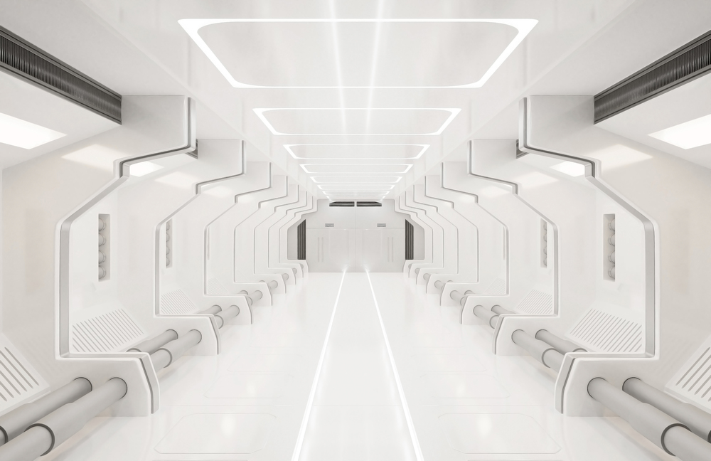 3D rendering elements of this image furnished ,Spaceship white interior ,tunnel,corridor,hallway