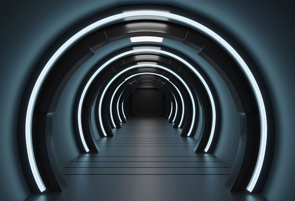 3D rendering futuristic elements of this image furnished ,Spaceship dark interior with view,tunnel,corridor