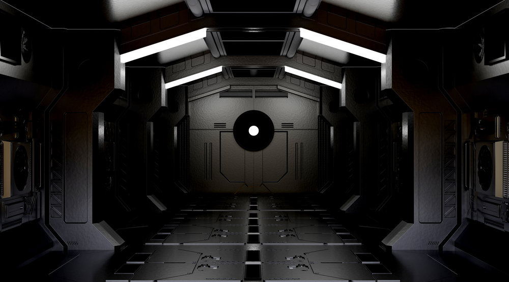 3D rendering elements of this image furnished by NASA,dark Spaceship interior with view,tunnel,corridor