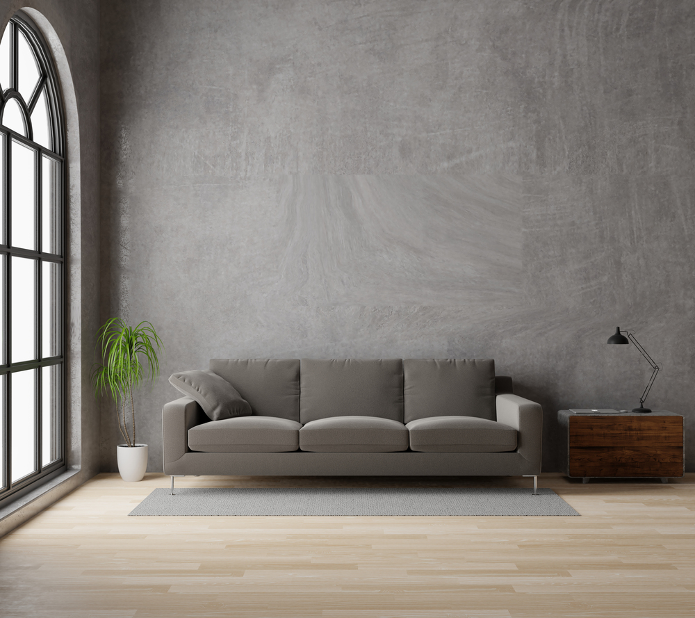 3D rendering Loft style living room with brown sofa raw concrete ,wooden floor,big window,tree