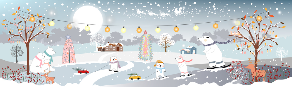 Panorama landscape of winter at night,Vector horizontal banner of winter wonderland at countryside with snow, Christmas trees with decoration and polar bears,Merry Christmas and New Year background