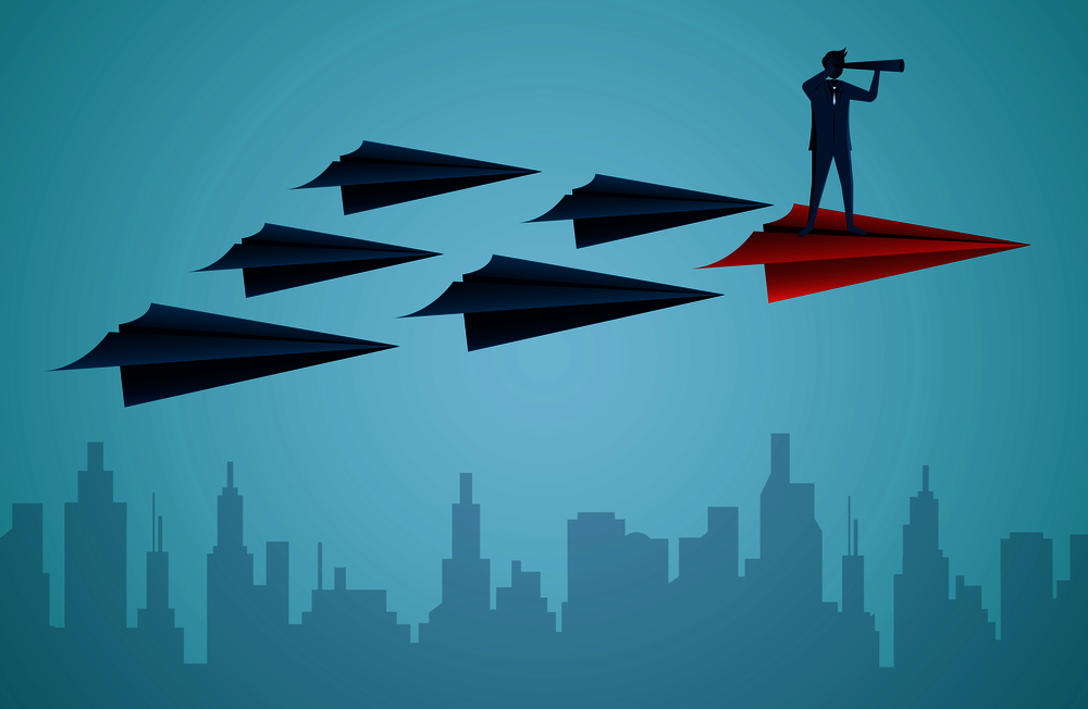 Businessmen standing holding binoculars on a red paper plane while flying above a city. go to target business success. startup. leadership. illustration cartoon vector