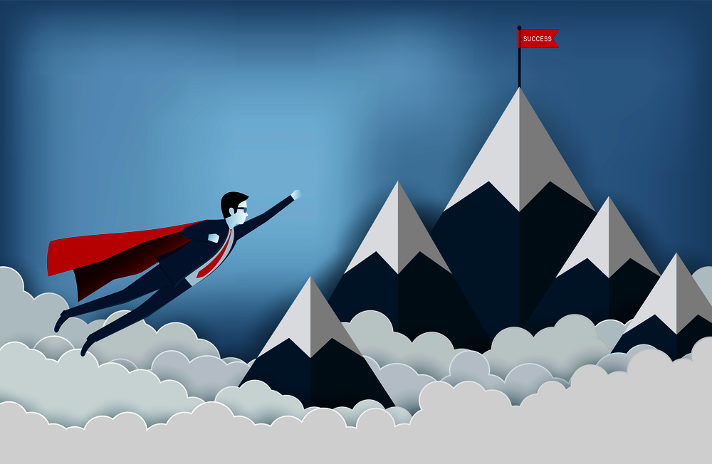 superhero businessmen are flying to the red flag target on mountains while flying above a cloud.  business finance success. leadership. startup. creative idea. illustration cartoon vector