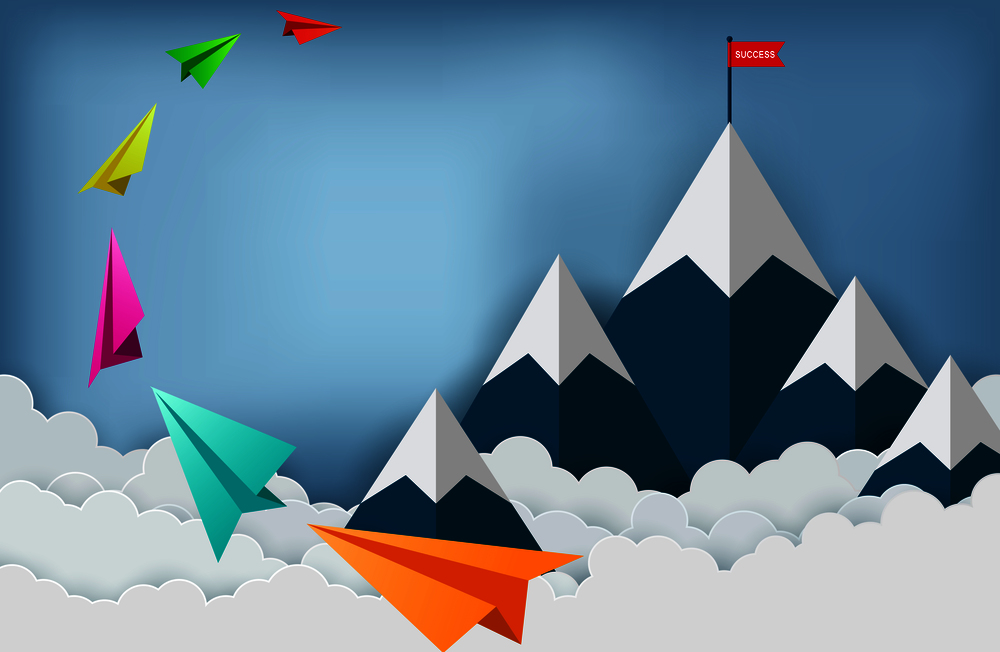 Paper plane are flying to the red flag target on mountains while flying above a cloud.  business finance success. leadership. startup. creative idea. illustration cartoon vector