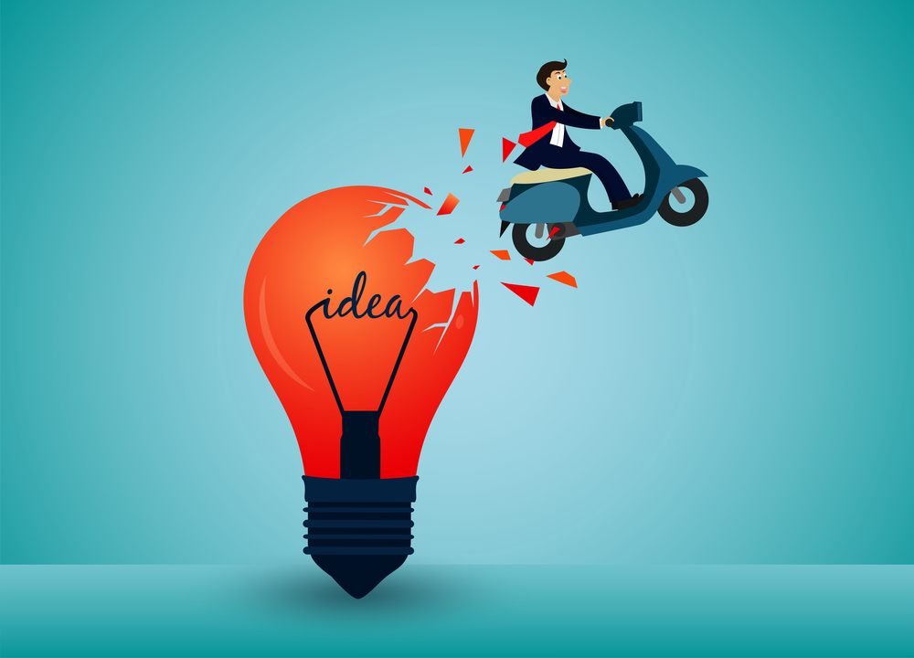think outside the box. Businessman riding a motorcycle are jumping ejected from  lamp go to success goal. startup business concept. creative idad. icon. leadership. illustration cartoon vector
