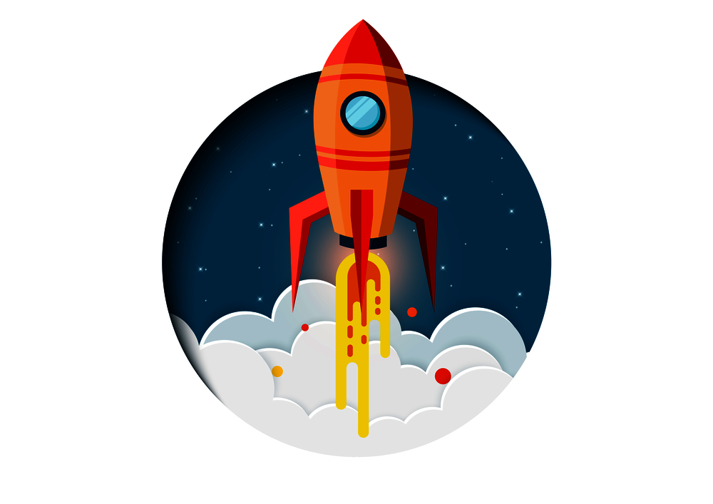 think outside the box. space shuttle are flying up into the sky while flying above a cloud. go to business success goal. leadership. startup. creative idea. illustration cartoon vector