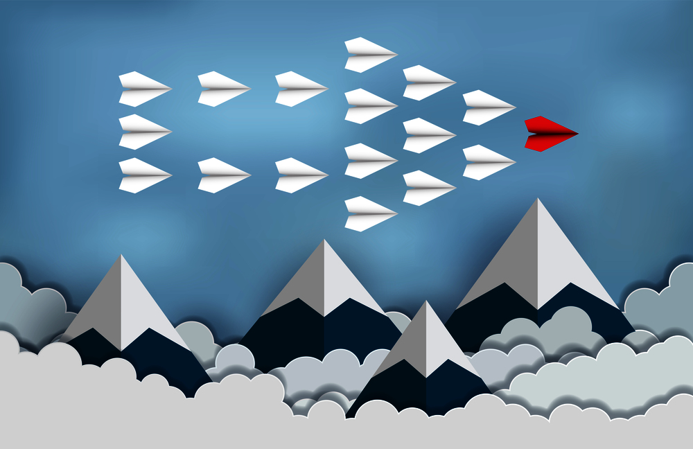 Red Paper Aircraft Leader, business leadership concept. Modern ideas creativity. illustration of nature landscape sky with cloud and mountain. paper art