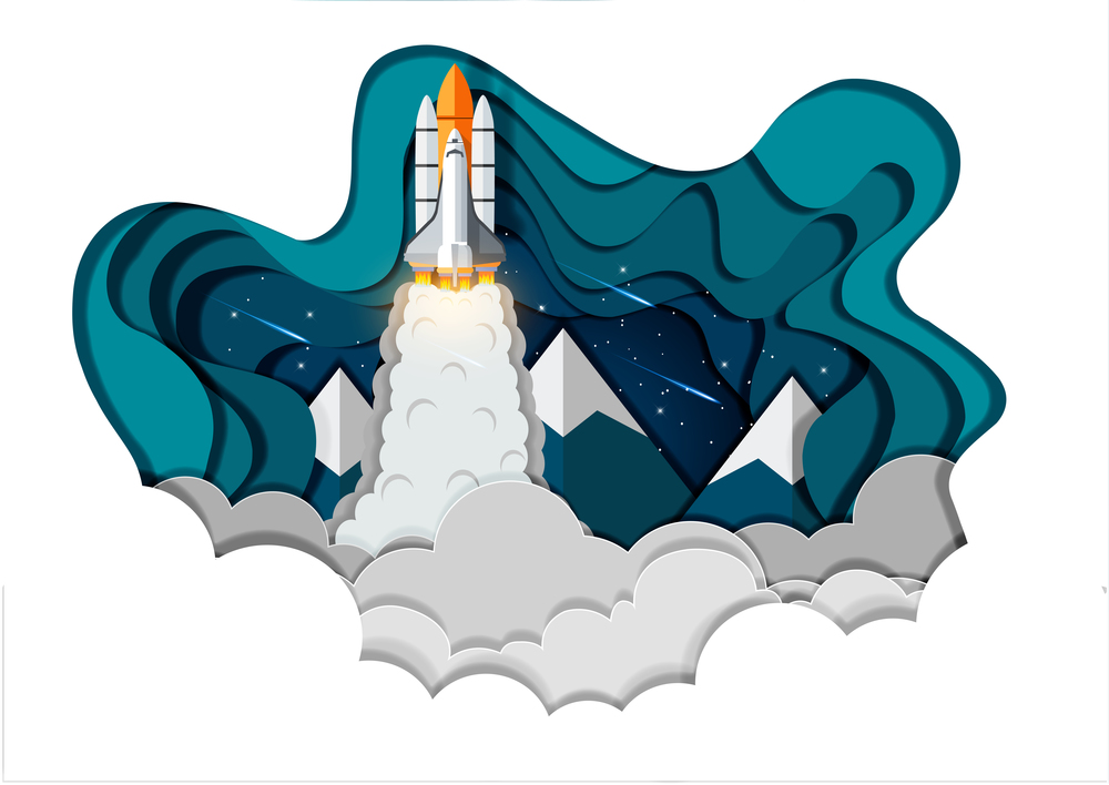 space shuttle launch to the sky, start up business finance concept , vector art and illustration paper